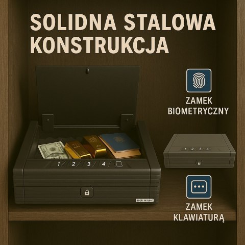 Sejf meblowy z zamkiem elektronicznym i biometrycznym kompaktowy czarny