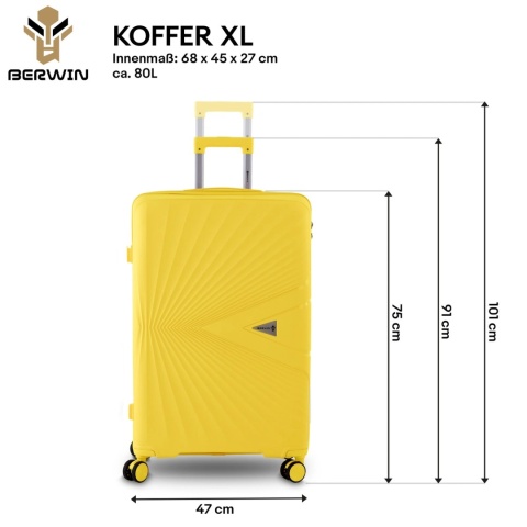 Zestaw 4 walizek BERWIN ABS XL+L+M+Kuferek żółte 4 kółka 360stopni