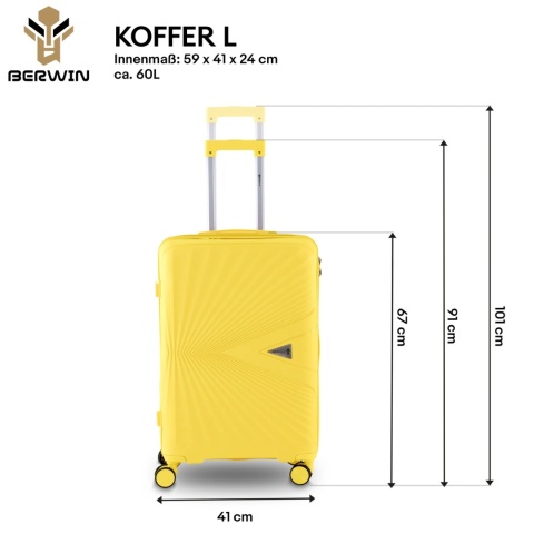 Zestaw 4 walizek BERWIN ABS XL+L+M+Kuferek żółte 4 kółka 360stopni