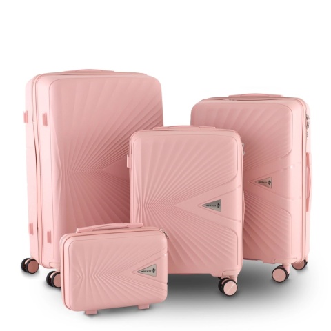 Zestaw Walizek Podróżnych BERWIN 4w1 – Róż Matowy, ABS, obrotowe kółka 360°, komplet XL–M + Kuferek