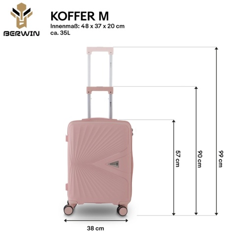 Zestaw Walizek Podróżnych BERWIN 4w1 – Róż Matowy, ABS, obrotowe kółka 360°, komplet XL–M + Kuferek