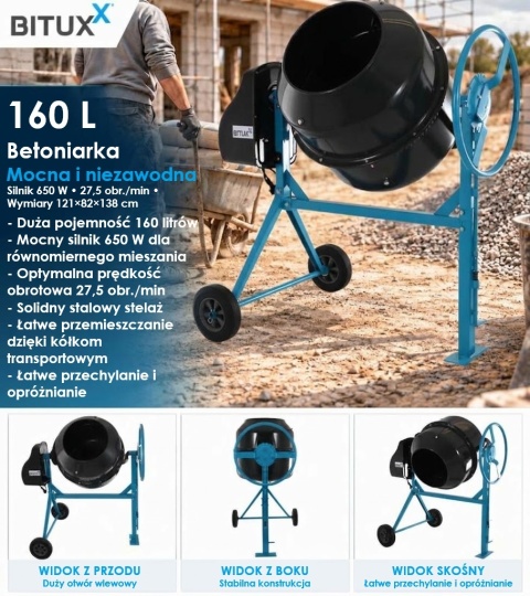 Betoniarka Mieszarka do zaprawy i cementu Elektryczna 160L BITUXX
