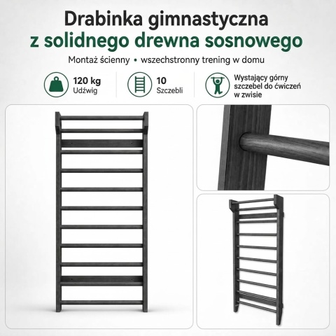 Drabinka gimnastyczna rehabilitacyjna drewniana czarna 195cm
