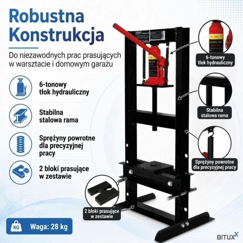 Kompaktowa Prasa Hydrauliczna Warsztatowa 6T BITUXX – Prasa Ramowa do Wyciskania Łożysk i Tulei 6000 kg