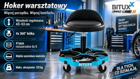 Taboret warszatowy siedzisko na kółkach z regulacją wysokości i półkami