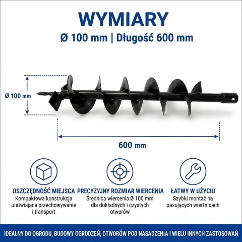 Świder do gleby / wiertło do wiertnicy 100 x 600 mm BITUXX