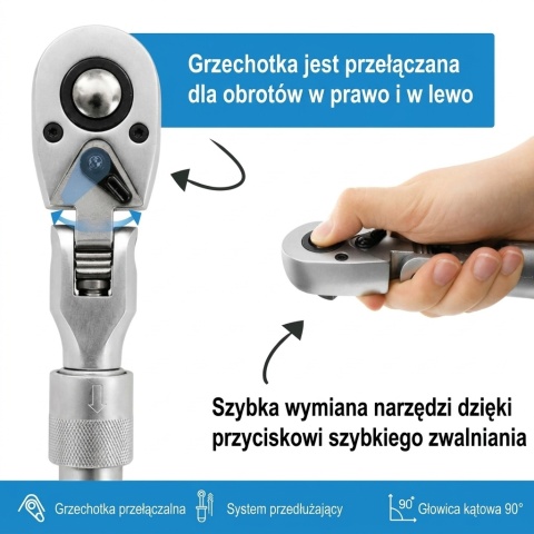 ZESTAW GRZECHOTEK ŁAMANYCH TELESKOPOWYCH 1/4" 3/8" 1/2" 90°