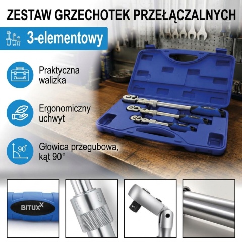 ZESTAW GRZECHOTEK ŁAMANYCH TELESKOPOWYCH 1/4" 3/8" 1/2" 90°